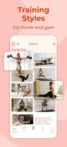 WeGLOW screen showing training style filters for home and gym workouts